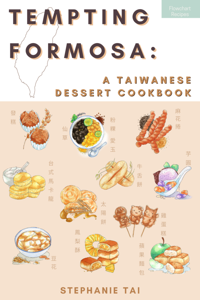 Cover of Stephanie Tai's cookbook, "Tempting Formosa," featuring the title text on a white background and illustrations of Taiwanese desserts on a light peach background.