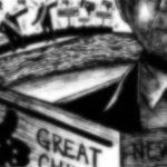 Illustration of man reading newspaper with Trump and Biden figures and campaign signs in background.