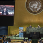 Chinese President Xi Jinping (on screens), speaking during the 75th General Assembly of the United Nations, in New York.
