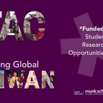 ITAC & Exploring Global Taiwan are spelled out on a dark purple background with the text "*Funded* Student Research Opportunities" spelled out to the right. The letters "ITAC" and "Taiwan" are made up of images of past student research projects.