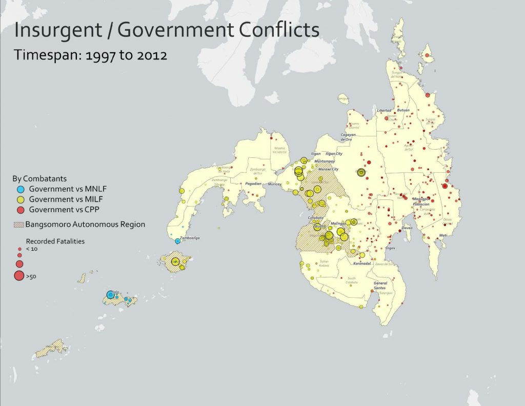 A map produced by the Appraising Risk partnership showing conflict incidents on Mindanao, 1997 to 2012