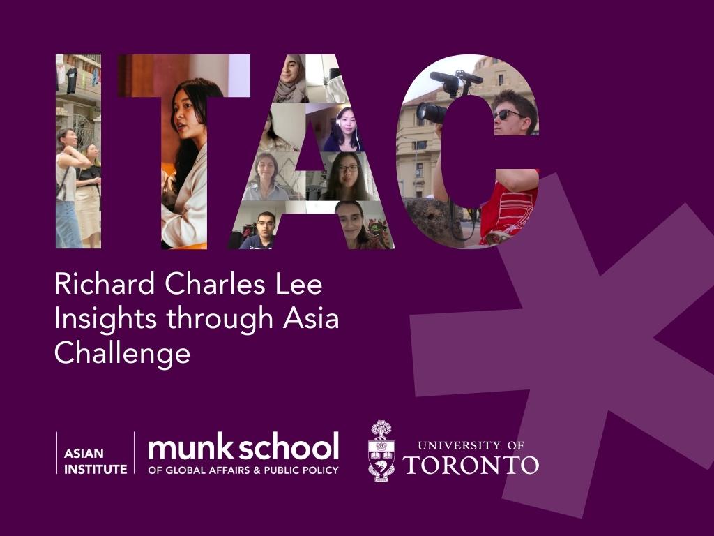 "ITAC Richard Charles Lee Insights through Asia Challenge" is spelled out on a dark purple background. The letters "ITAC" are made up of images of past student research projects.