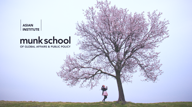 Screenshot from Contemporary Asian Studies Video: A girl stands under a cherry blossom tree in bloom. The logo for the Asian Institute at the Munk School of Global Affairs & Public Policy appears