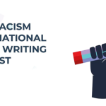 poster on white background with text reading "2022 Anti-Racism International Youth Writing Contest." To the right of the text is a graphic of a fist holding a pencil.