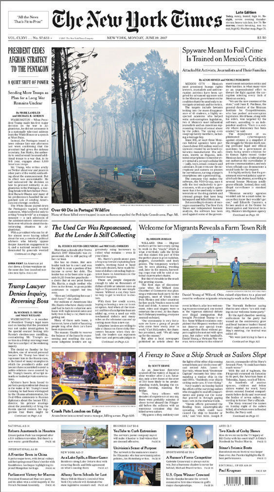 Front cover of New York Times.