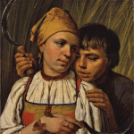 Reproduction of Aleksei Venetsianov, Reapers (1820s). Oil on canvas. State Russian Museum, St. Petersburg, depicting a young women and a boy in peasant outfits holding scythesale