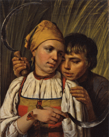 Reproduction of Aleksei Venetsianov, Reapers (1820s). Oil on canvas. State Russian Museum, St. Petersburg, depicting a young women and a boy in peasant outfits holding scythesale