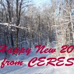 A photograph of winter forest road with a caption "Happy New 2014 from CERES"