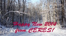 A photograph of winter forest road with a caption "Happy New 2014 from CERES"