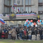 A picture of a pro-Russian protest in Donetsk province in front of a district administration captured by separatists