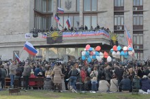A picture of a pro-Russian protest in Donetsk province in front of a district administration captured by separatists
