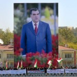 A photograph of a public meeting in support of the Tajik president Rakhmon