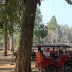 Vehicle resting by a Vietnamese temple and trees