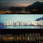 Buildings by the water at day and night