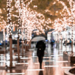 In this blurry photo, a person with an umbrella walks along a sidewalk surrounded by small trees covered in lights.