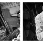 Black and white, two images of a main repairing a watch.