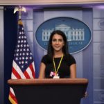 Student Sayeh standing at the White House Press podium