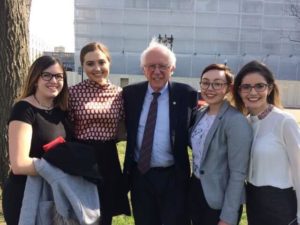 Tea, Ivana, Natalie, and Brazilian masters student Isabella met Bernie Sanders by chance near Capitol Hill
