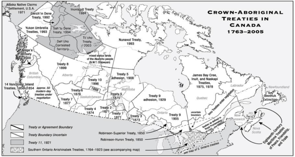 This map shows Crown-Aboriginal Treaties in Canada, 1763-2005.