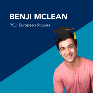 Graphic design with a picture of graduating student Benji McLean. 