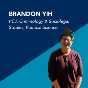 Graphic design with a picture of graduating student Brandon Yih.
