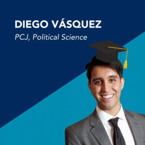 Graphic design with a picture of graduating student Diego Vásquez.