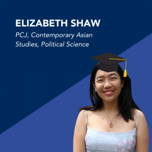 Graphic design with a picture of graduating student Elizabeth Shaw. 