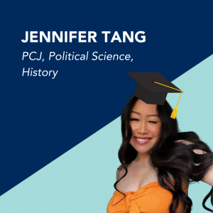 Graphic design with a picture of graduating student Jennifer Tang.