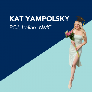 Graphic design with a picture of graduating student Kat Yampolsky Yampolsky.