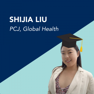 Graphic design with a picture of graduating student Shijia Liu.