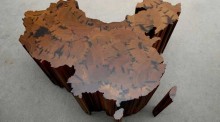 Photo of Art from the AGO's Ai-WeiWei Exhibit, showing a realized sculpture of China's shape as a country created with wooden log