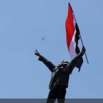 Photo of a man standing on a statue holding the Egyptian Flag