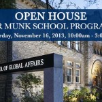 Photo of Munk School building at night - caption reads: "Open House for Munk School Programs - Saturday, November 16, 2013, 10:00am - 3:00pm"