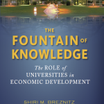 Book cover showing university landscape transposed with water (title: The Fountain of Knowledge)
