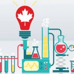 An illustrations of beakers and a lightbulb with a maple leaf inside