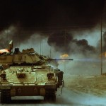 A tank shooting missiles on a street in Iraq