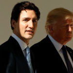 Justin Trudeau stands next to Donald Trump.