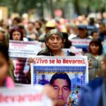 Friends and relatives of 43 missing students at a protest in Mexico City.