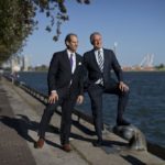 Former CEO of Waterfront Toronto Will Fleissig and CEO of Sidewalk Labs Dan Doctoroff pose on Lake Ontario.