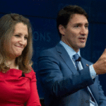 Foreign Affairs minister Chrystia Freeland and Prime Minister Justin Trudeau stand next to each other.