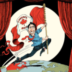 Cartoon of Justin Trudeau skipping over the Earth, holding a Canadian flag that says "Canada's back"