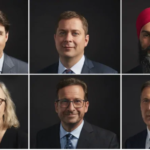 The six party leaders: Liberal Leader Justin Trudeau, Conservative Leader Andrew Scheer, NDP Leader Jagmeet Singh. Bottom, from left: Green Party Leader Elizabeth May, BQ Leader Yves-François Blanchet, People's Party of Canada Leader Maxime Bernier