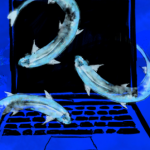 Fish hooks circling a laptop