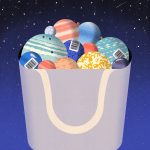 Illustration of planets with barcodes in a shopping bag