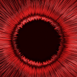 Closeup image of a retina, that is red in colour with a large black circle in the middle