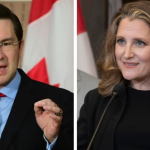 Conservative finance critic Pierre Poilievre, left, says his party wants to see a plan to return government spending to pre-pandemic levels. Deputy Prime Minister and Finance Minister Chrystia Freeland, right, is set to deliver a fiscal update on Tuesday. (Adrian Wyld/The Canadian Press)